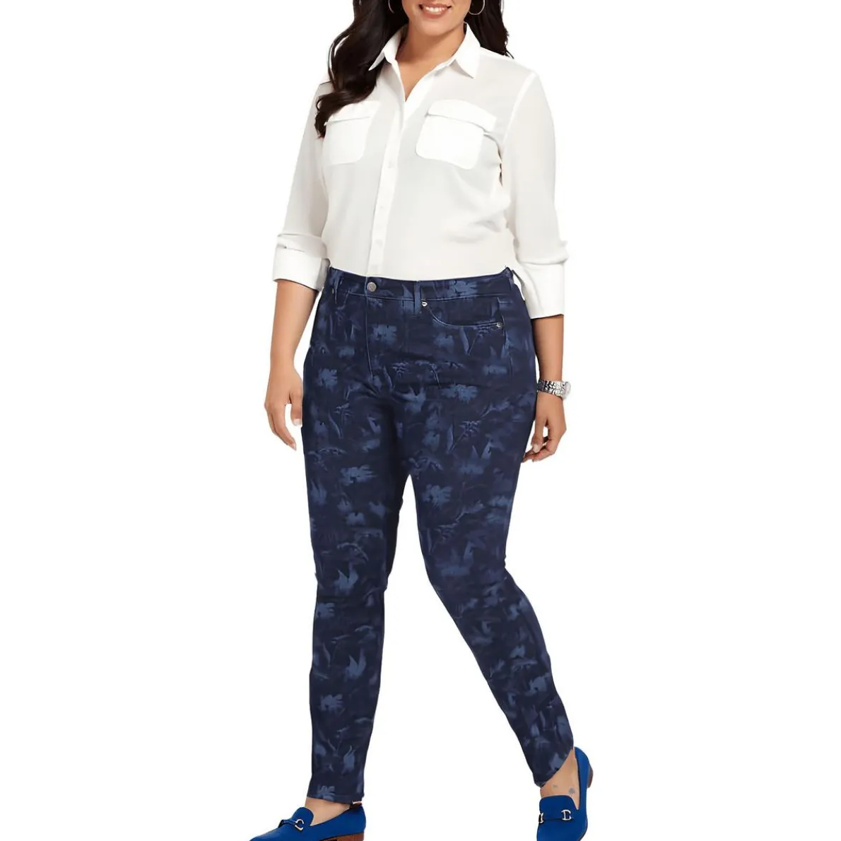 Plus Floral Print Denim Bootcut Jeans