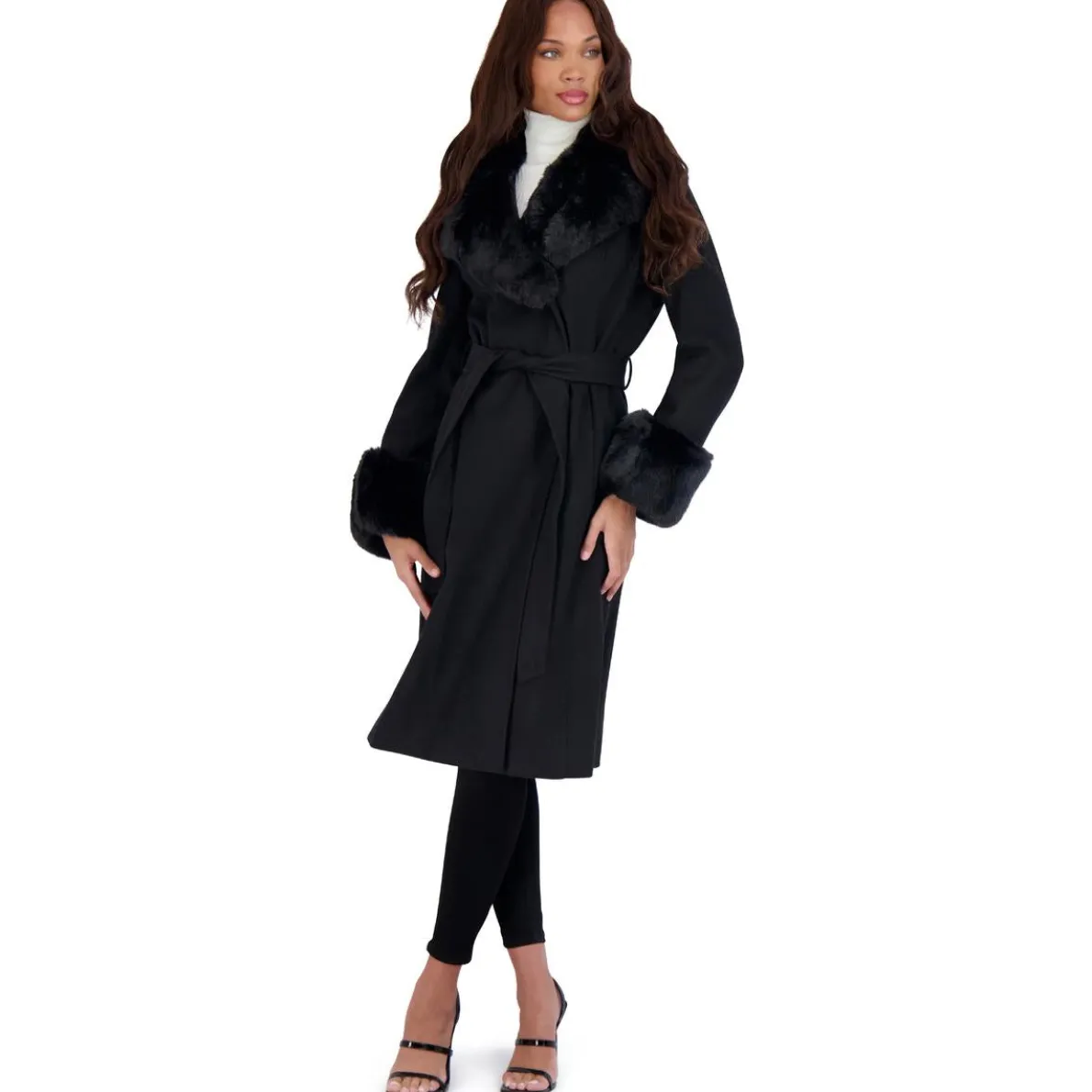 Long Wool Wrap Coat with Faux Fur Trim