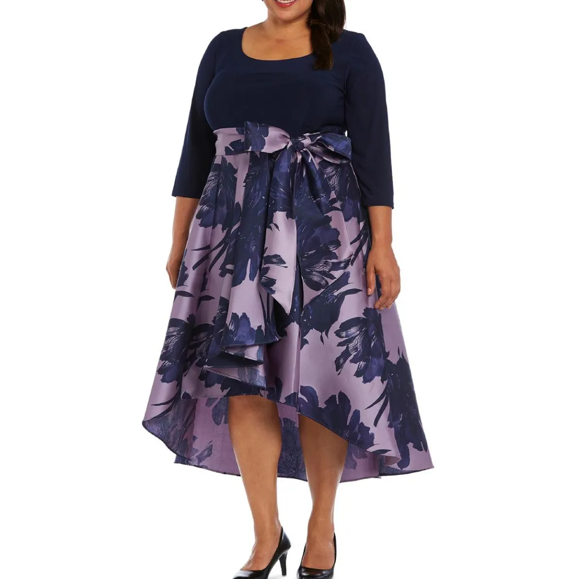 Satin Sequin High-Low Bow Belted Cocktail Dress