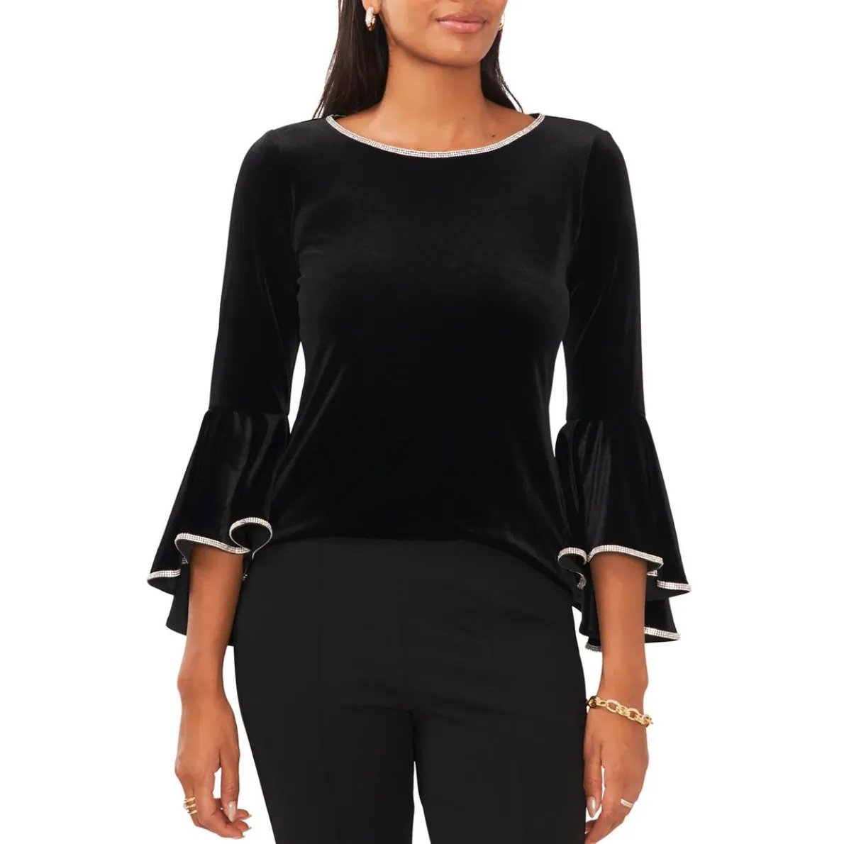 Petites Velvet Rhinestone Trim Blouse