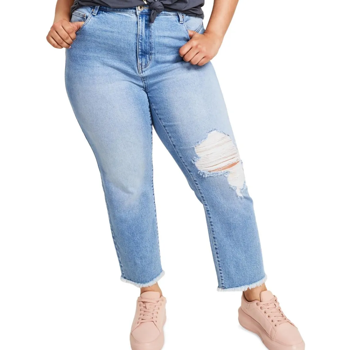 High Rise Frayed Hem Straight Leg Jeans