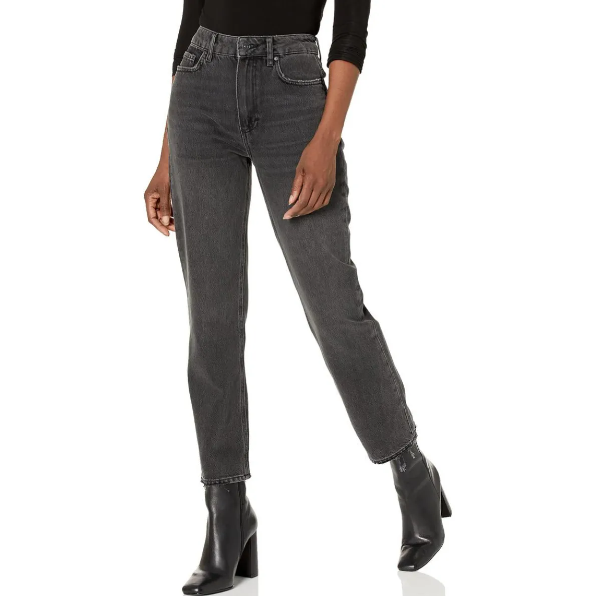 High Rise Torn Hem Straight Leg Jeans