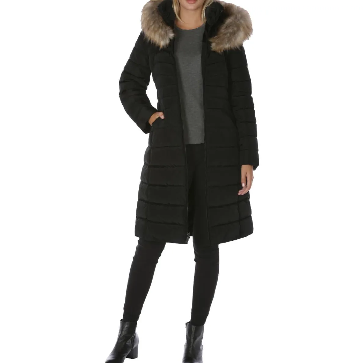 Hooded Long Puffer Coat with Faux Fur Trim