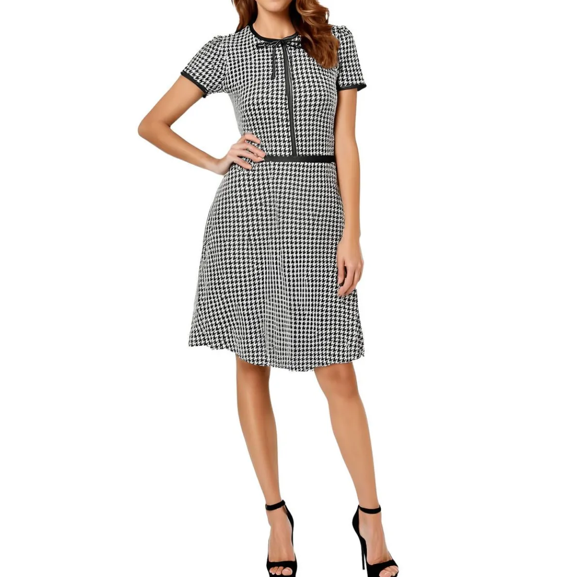 Houndstooth Bow Neck Mini Dress