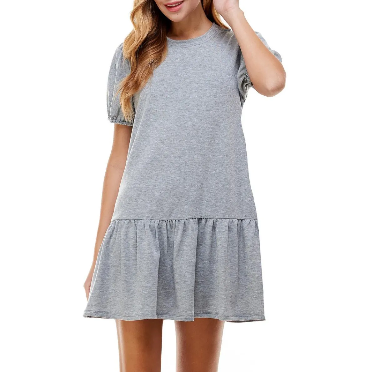 Juniors Heathered Puff Sleeves Shift Dress