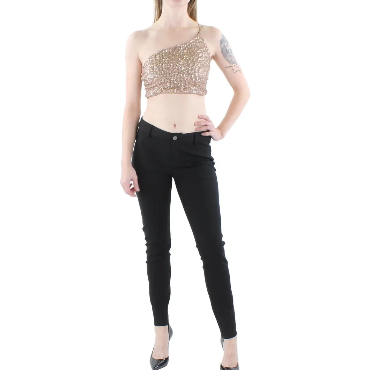 Juniors Sequined One Shoulder Cropped
