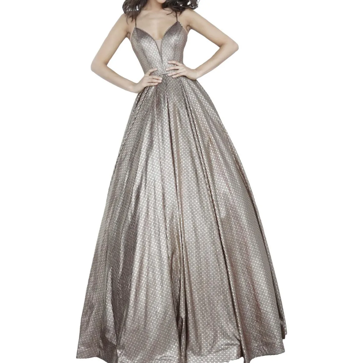 JV by Metallic Pleated Sleeveless Ball Gown