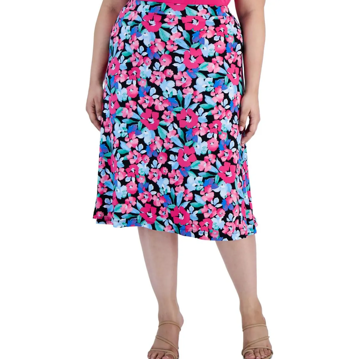 Plus Floral Print Midi Skirt