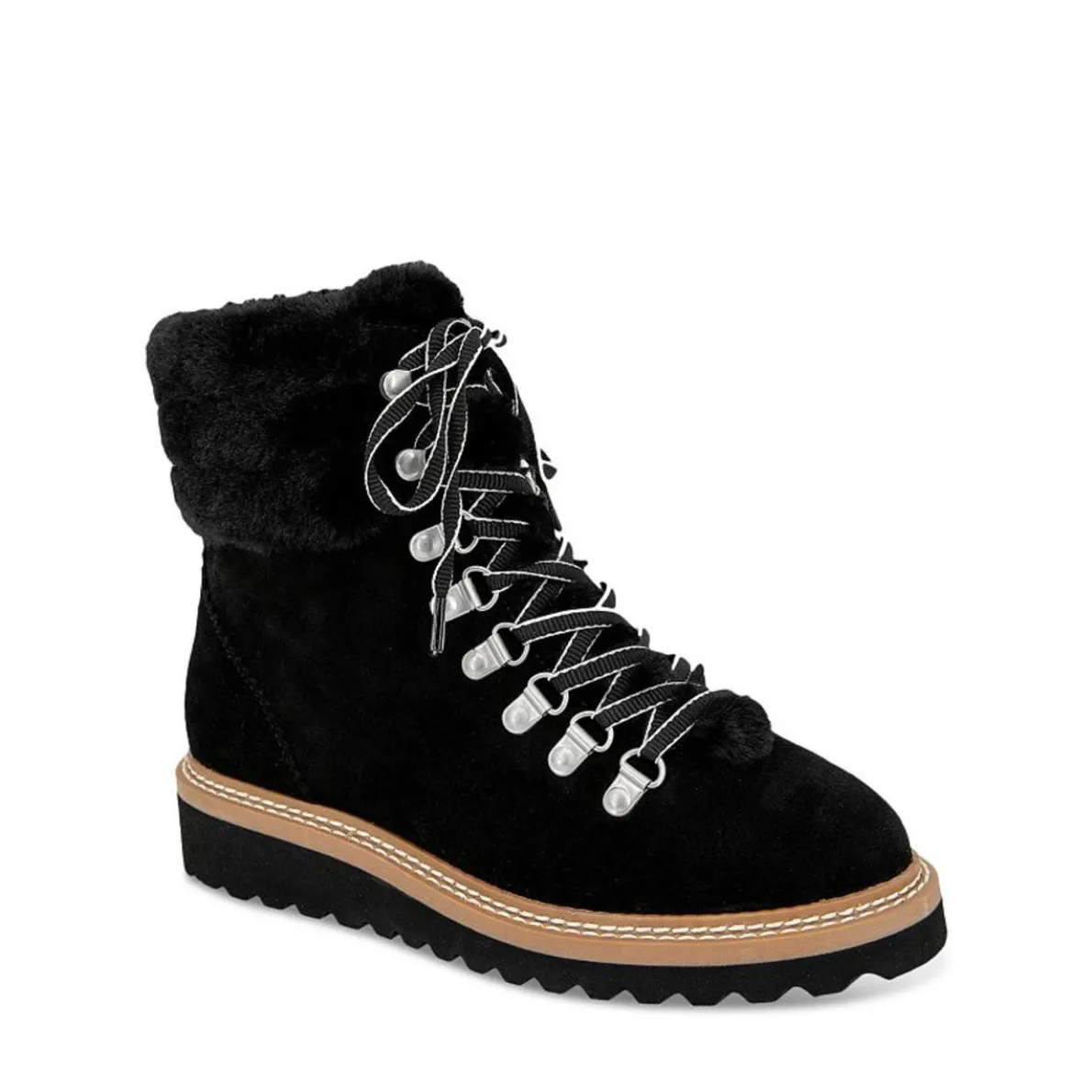 Evita Suede Faux Fur Trim Wedge Hiker Booties