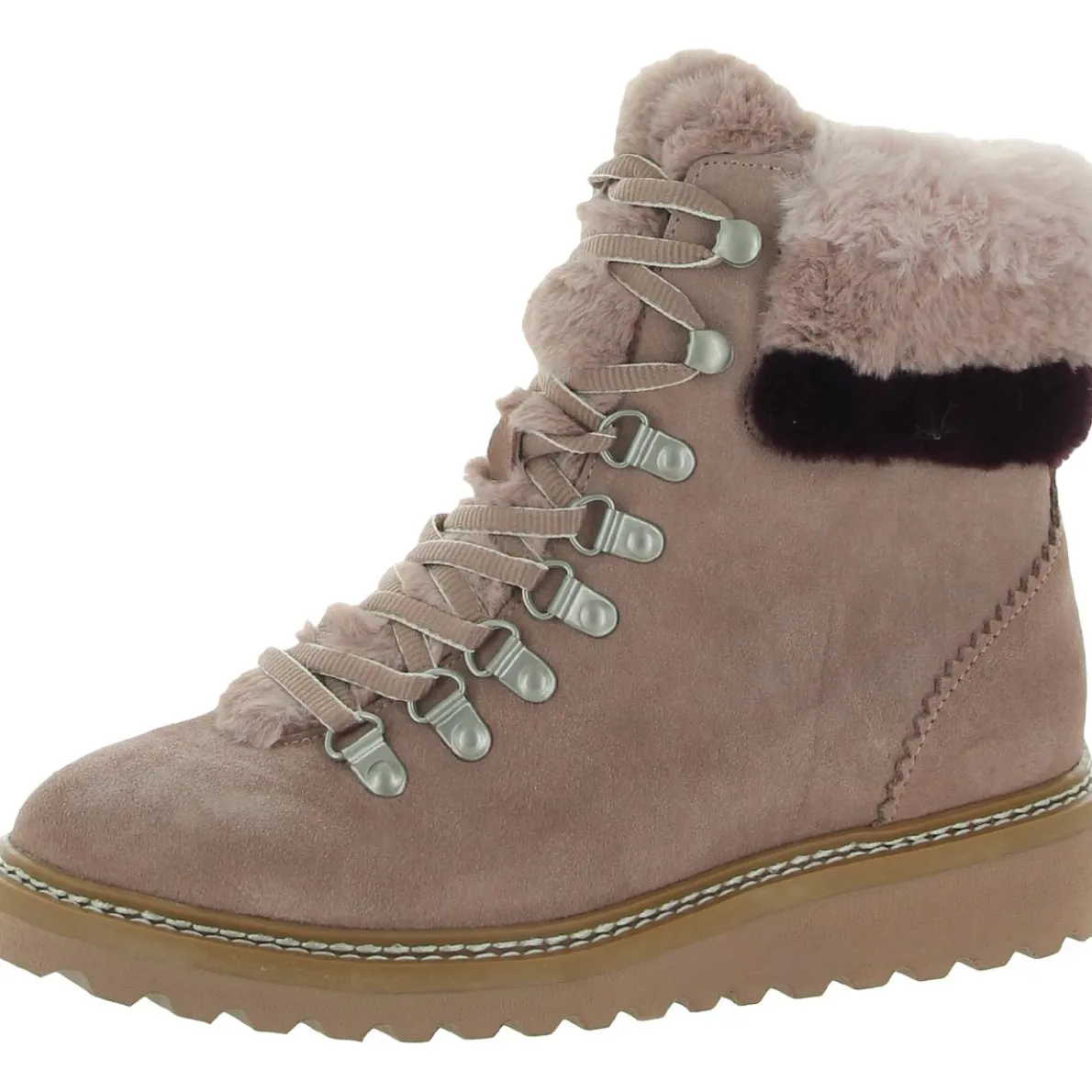 Evita Suede Faux Fur Trim Wedge Hiker Booties