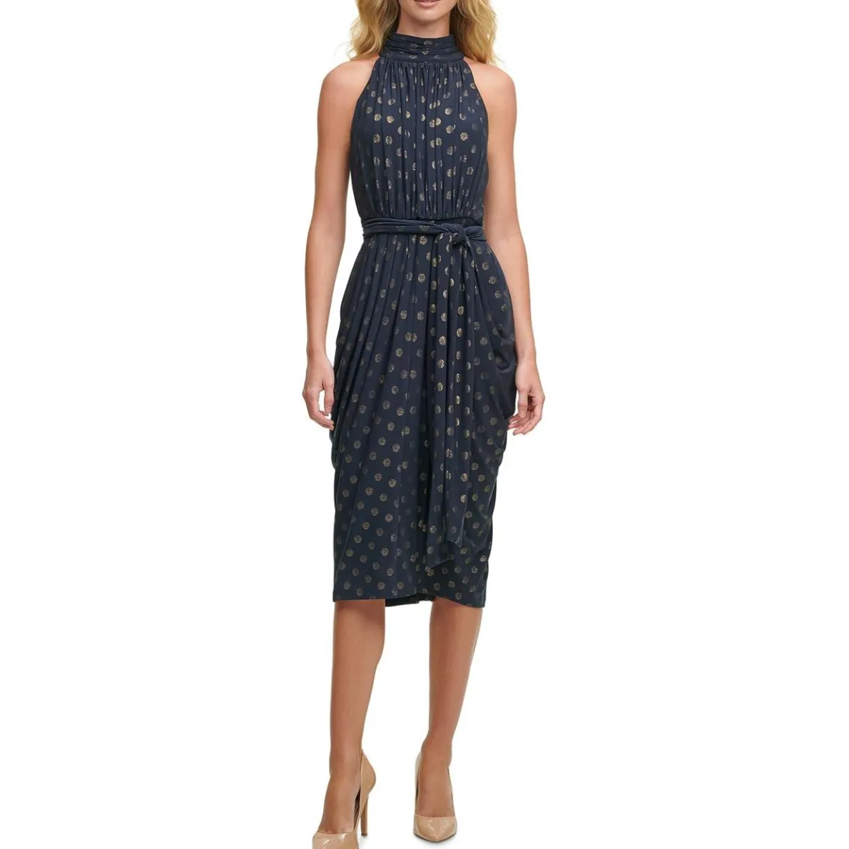 Mock Neck Polka Dot Midi Dress