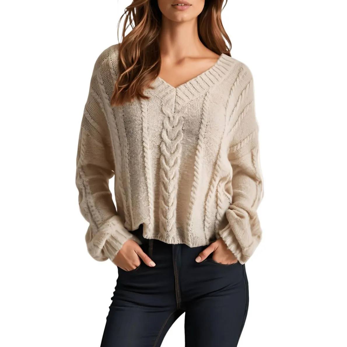 Knit Cable Knit V-Neck Sweater