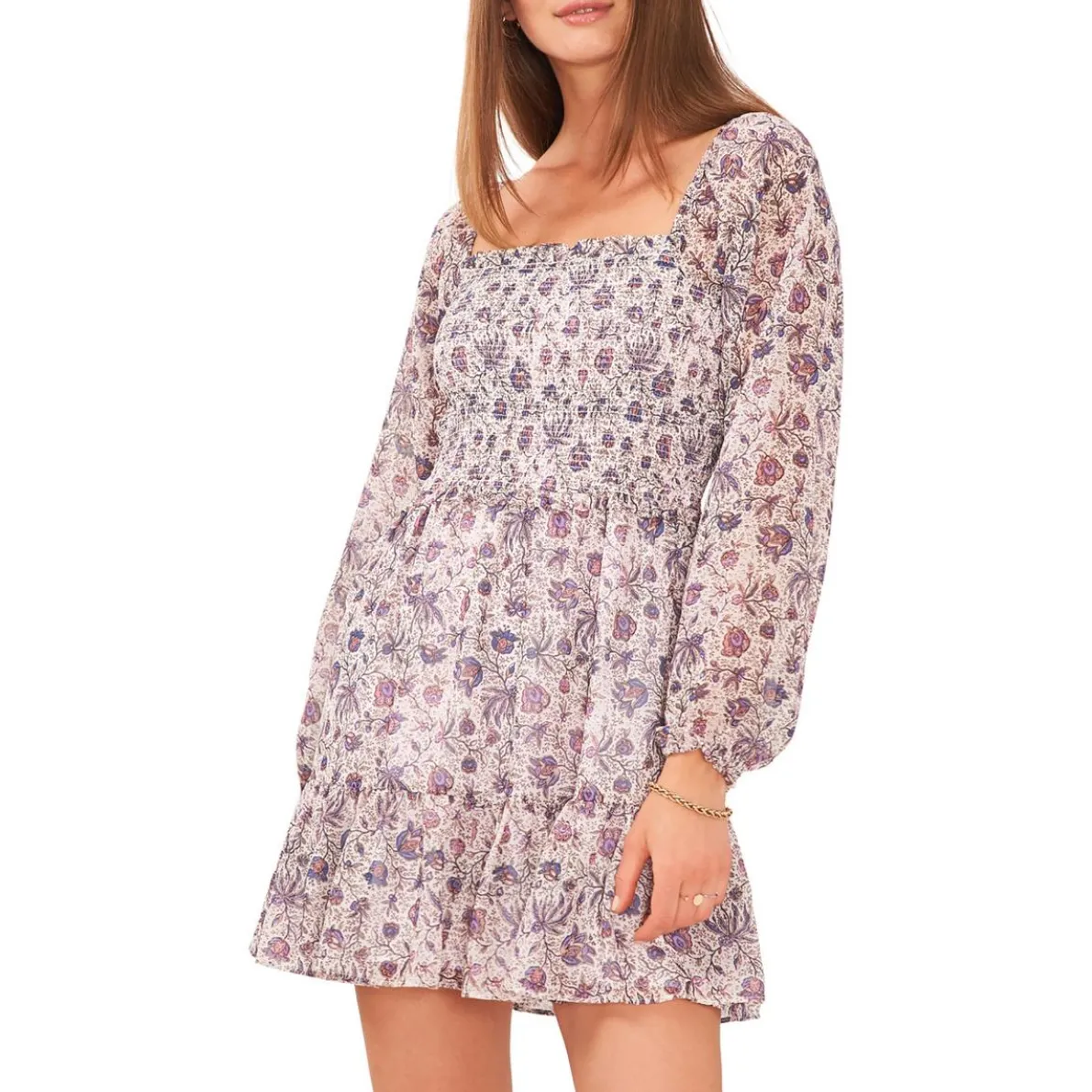 Smocked Bodice Long Sleeve Babydoll Dress