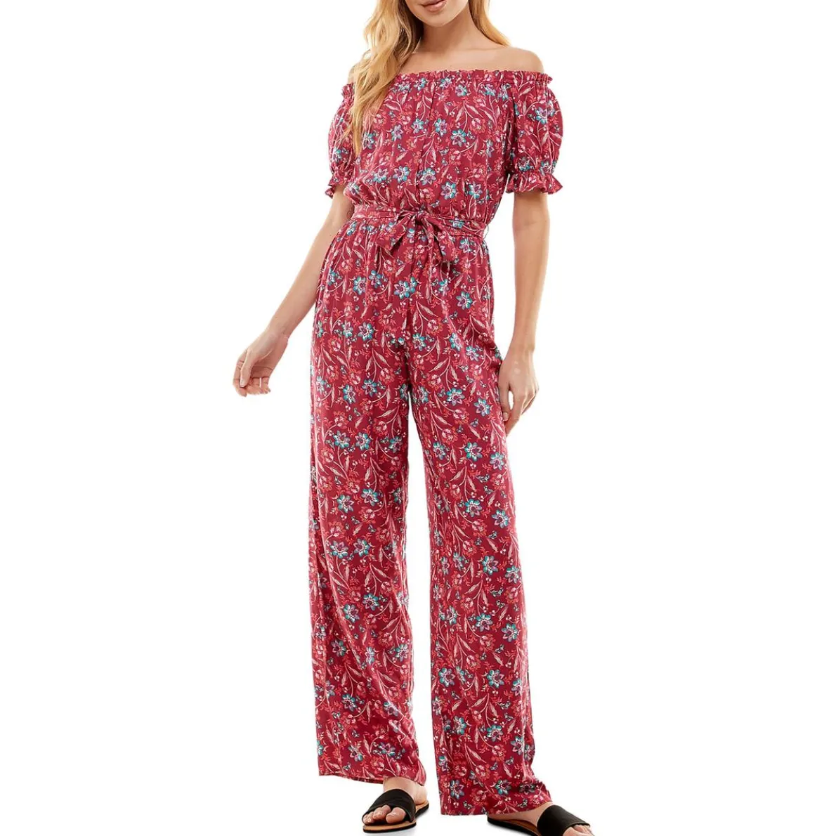 Juniors Floral Off-The-Shoulder Jumpsuit