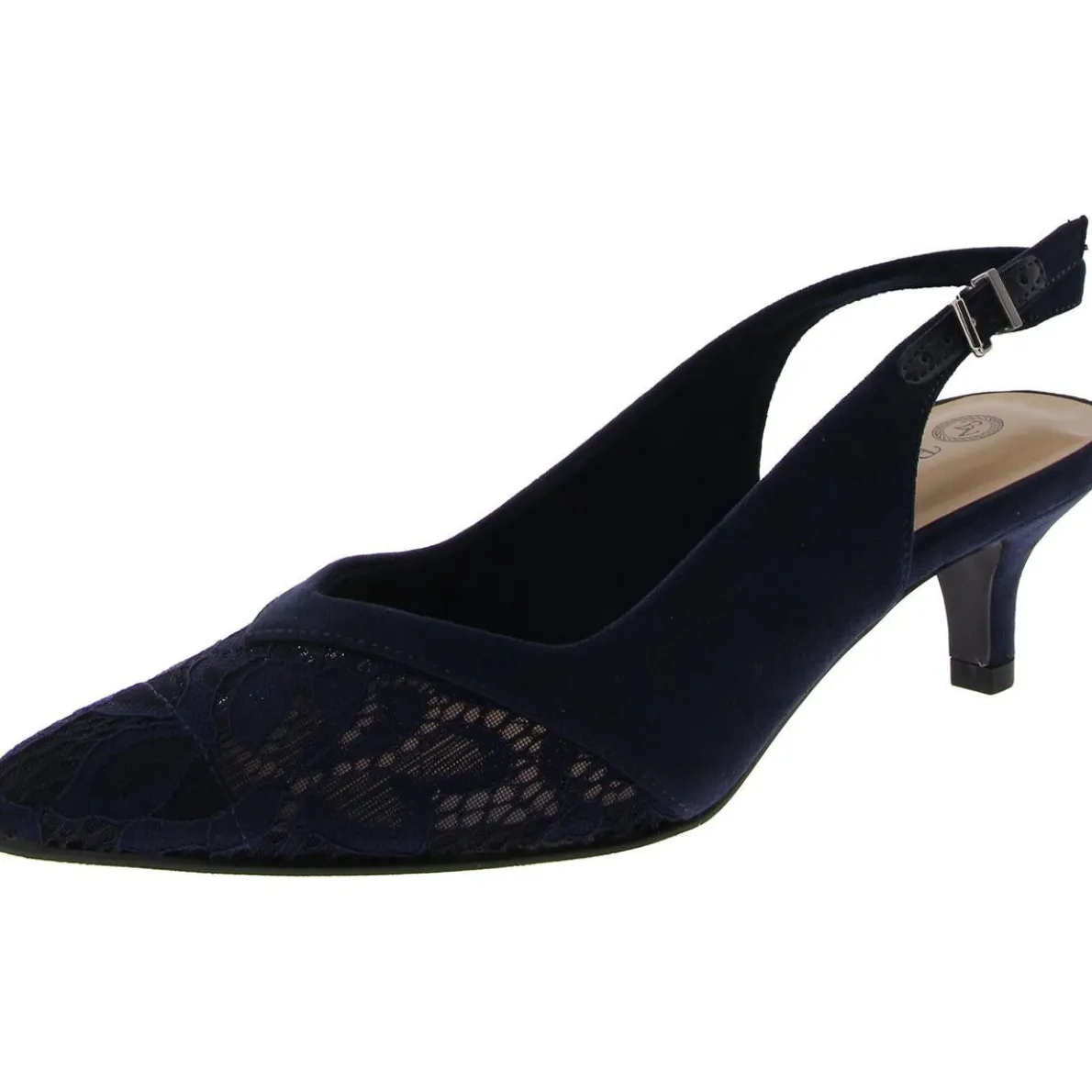 Marquette Faux Suede Lace Inset Slingback Heels