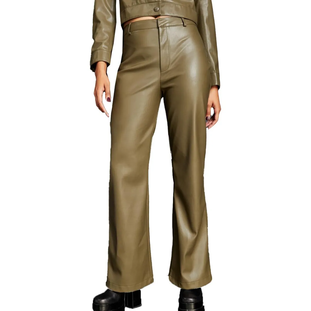 Solid Faux Leather Flared Pants