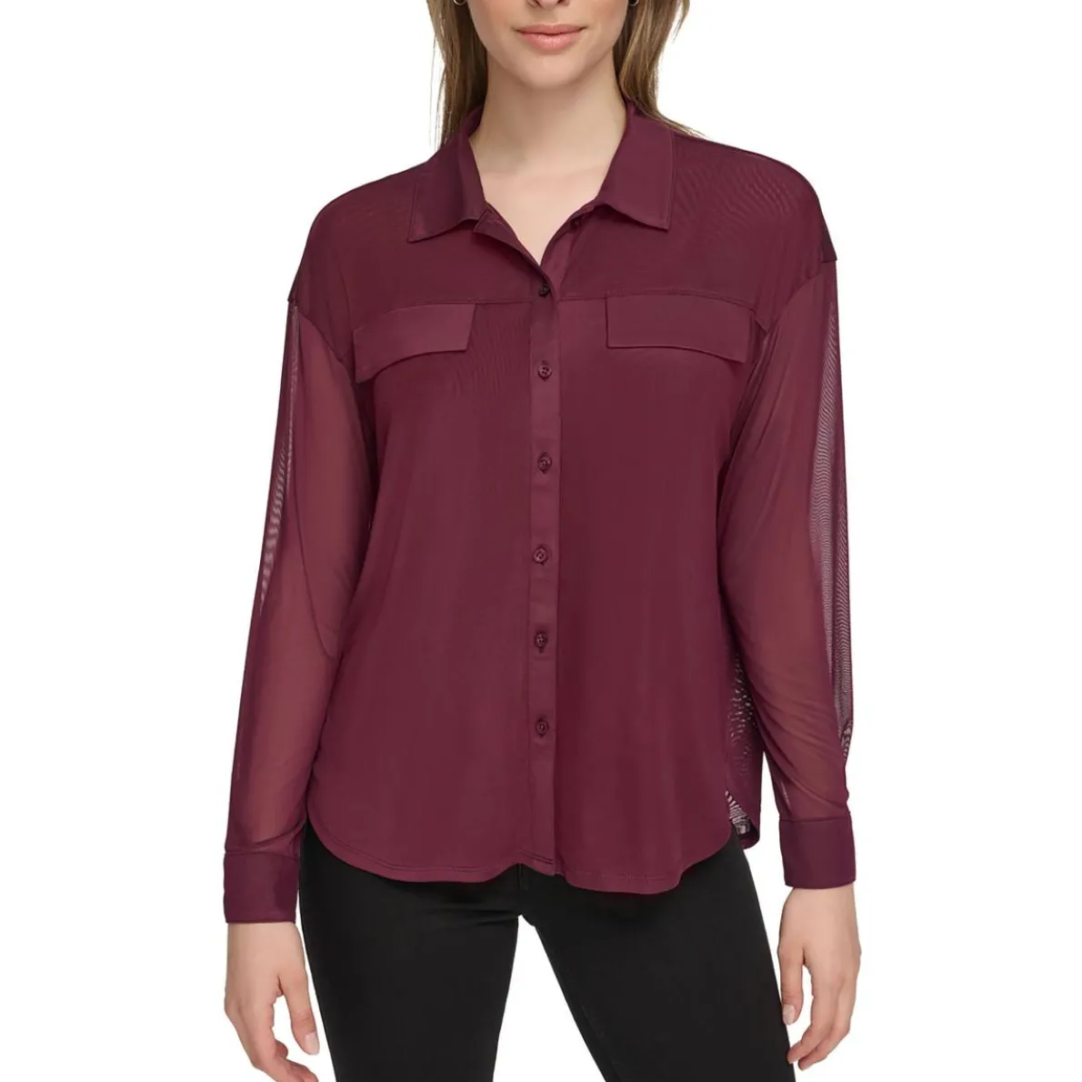 Mesh Long Sleeve Button-Down Top