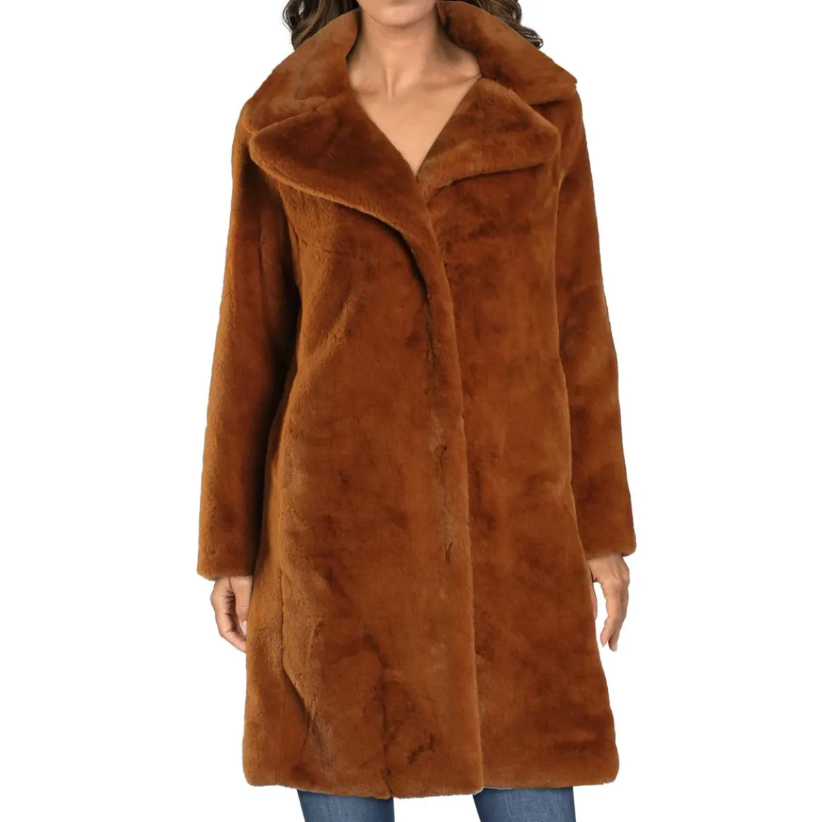 Mid-Length Faux Fur Coat with Notch Lapel