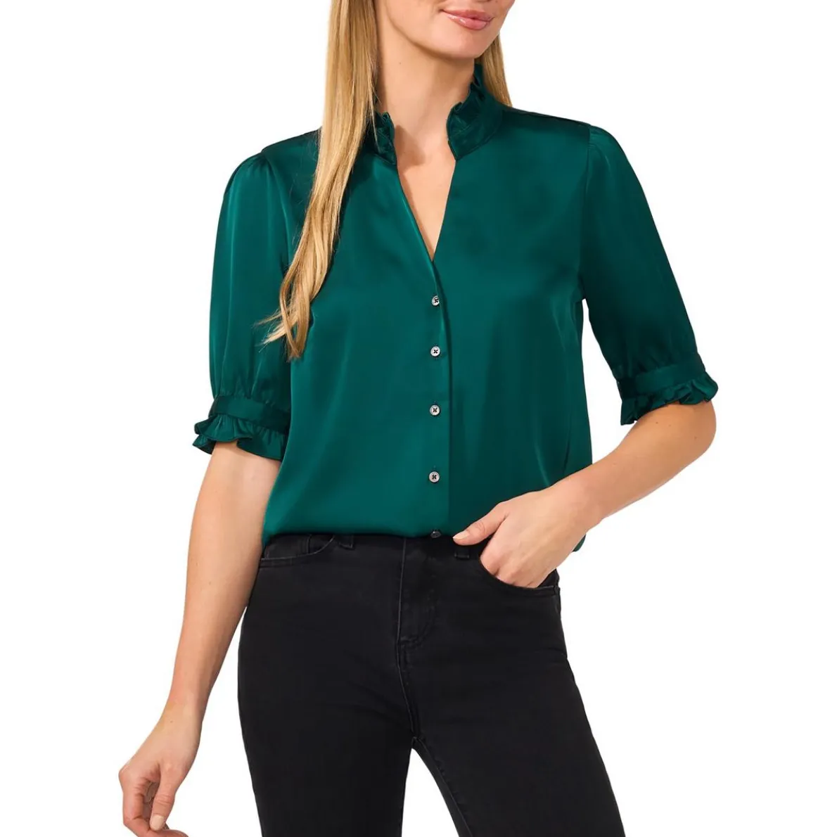 Ruffled Satin Button-Down Top