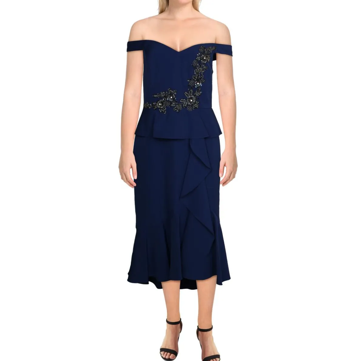 Embellished Off The Shoulder Ruffled High Low Midi Gown