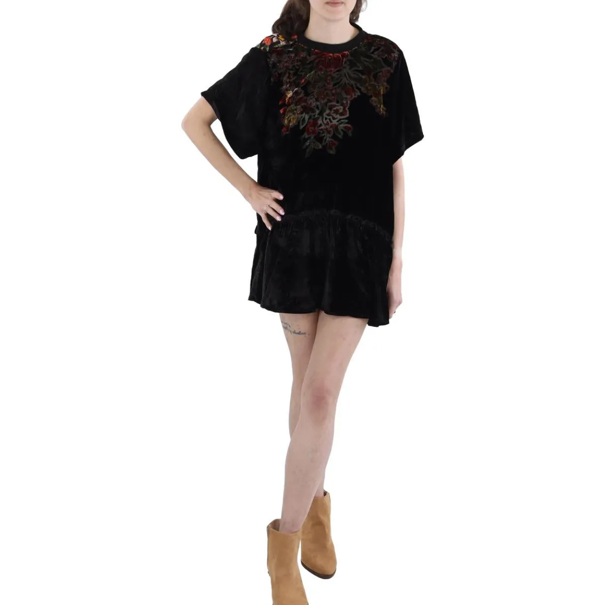 Floral Print Velvet Babydoll Dress