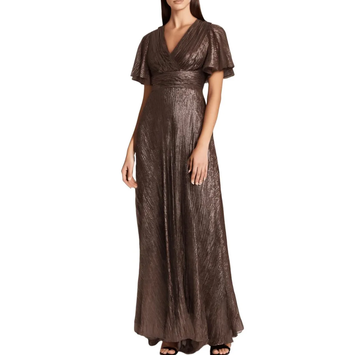 Metallic Flutter Sleeves Evening Dress