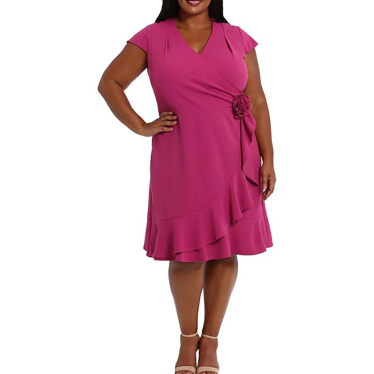 Plus Faux Wrap Ruffle V-Neck Wrap Dress