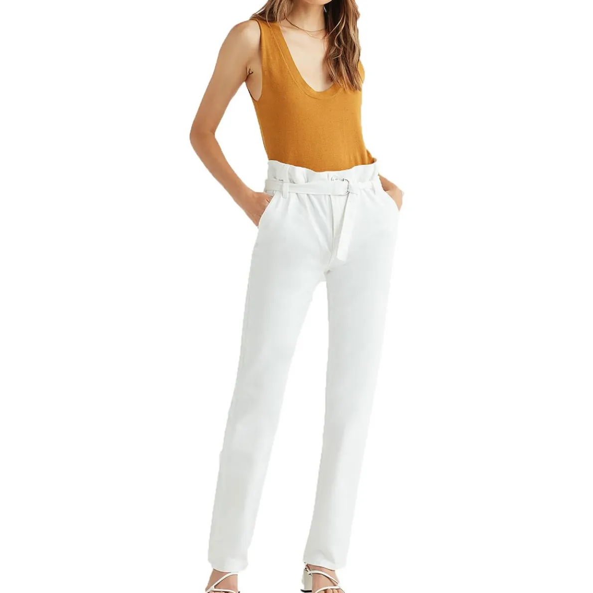 Paperbag Belted Denim Straight Leg Jeans