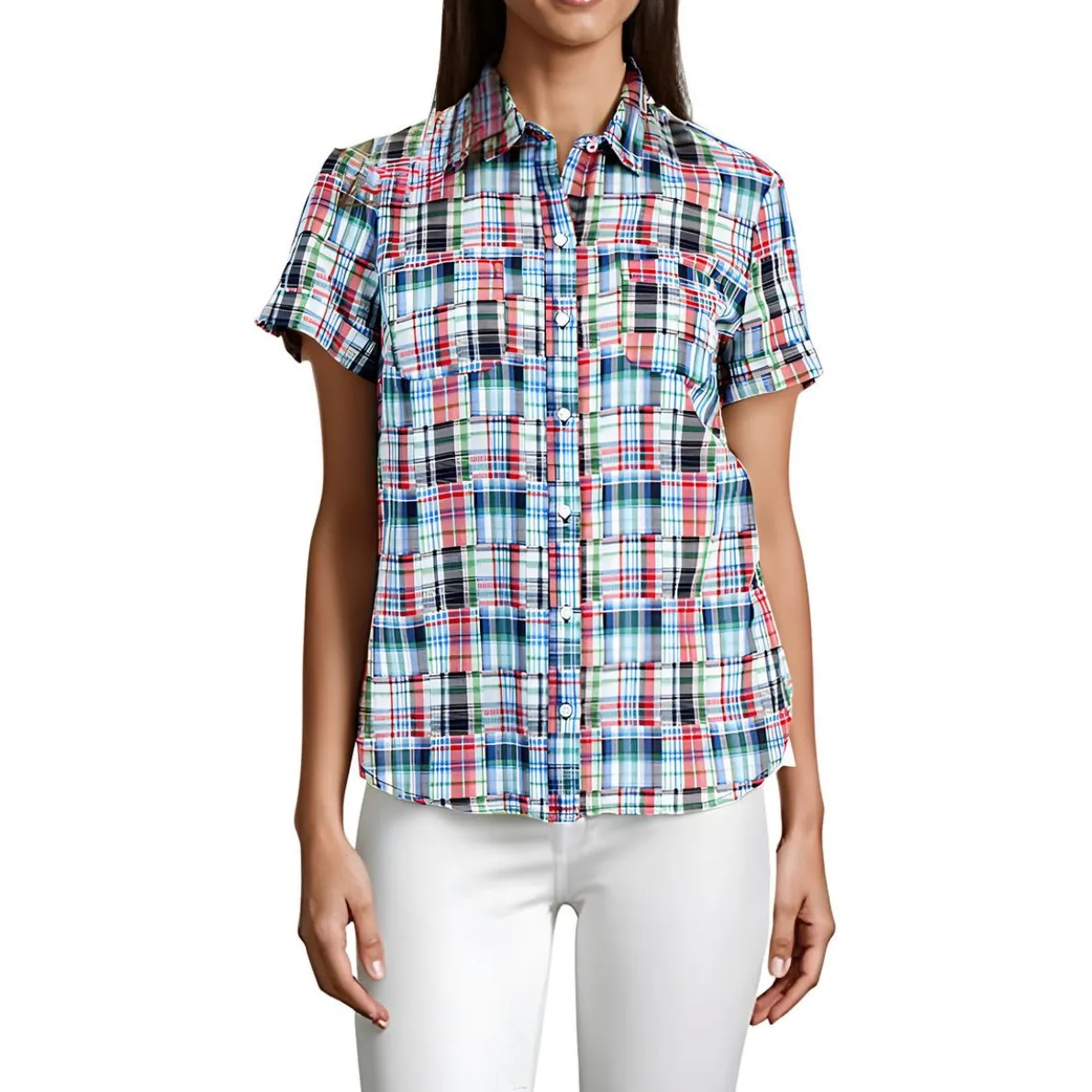 Patchwork Plaid Plaid Woven Button-Down Top