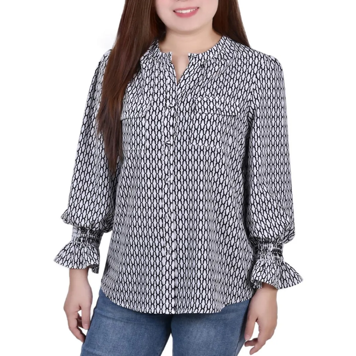 Petites Button Down Crew Neck Blouse
