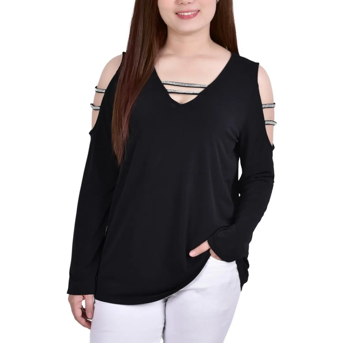 Petites Embellished V-Neck Blouse
