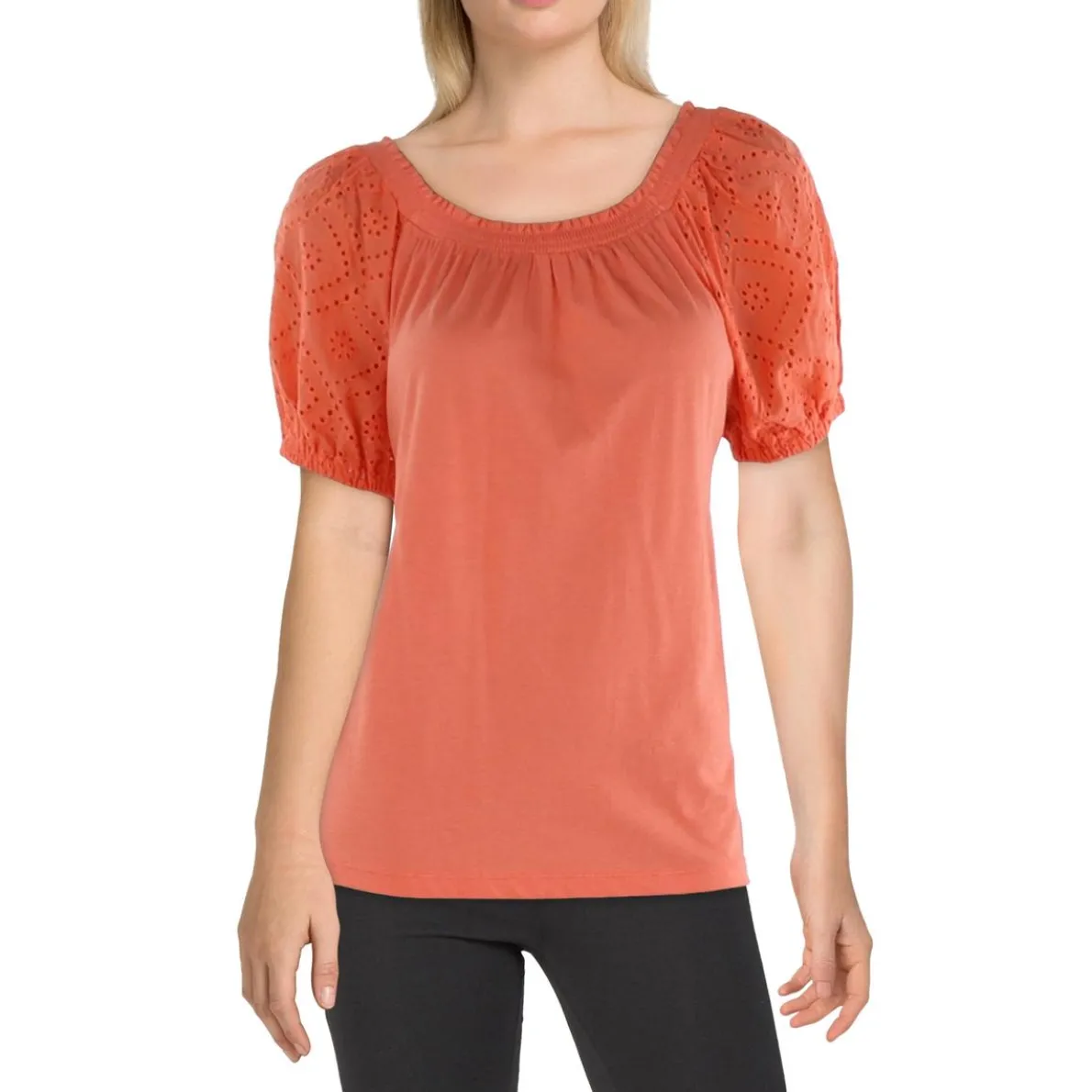 Petites Emrbroidered Smocked Pullover Top