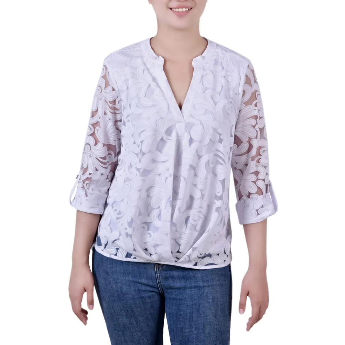 Petites Mesh Inset Rayon Blouse