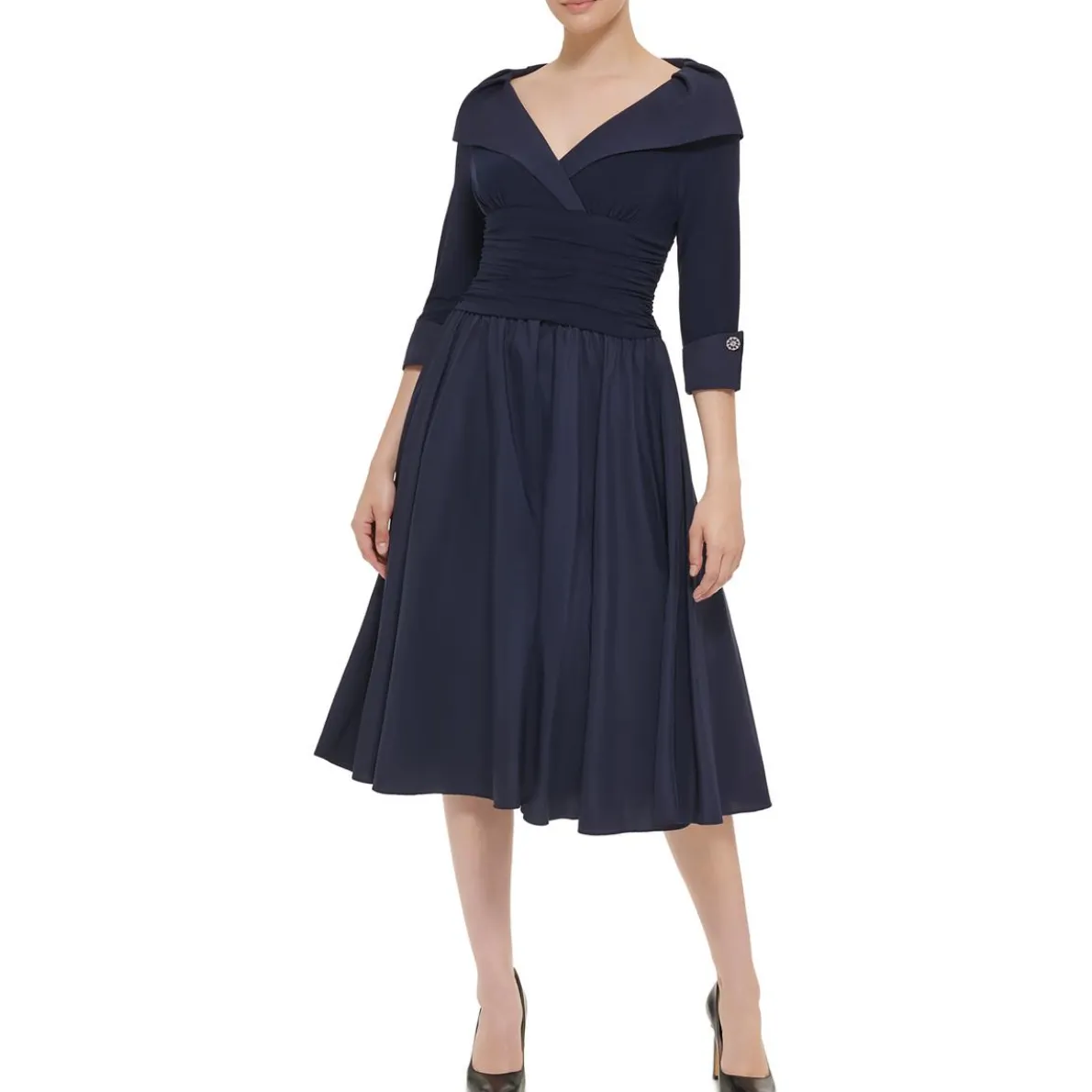 Petites Portrait Collar Ruched Midi Dress