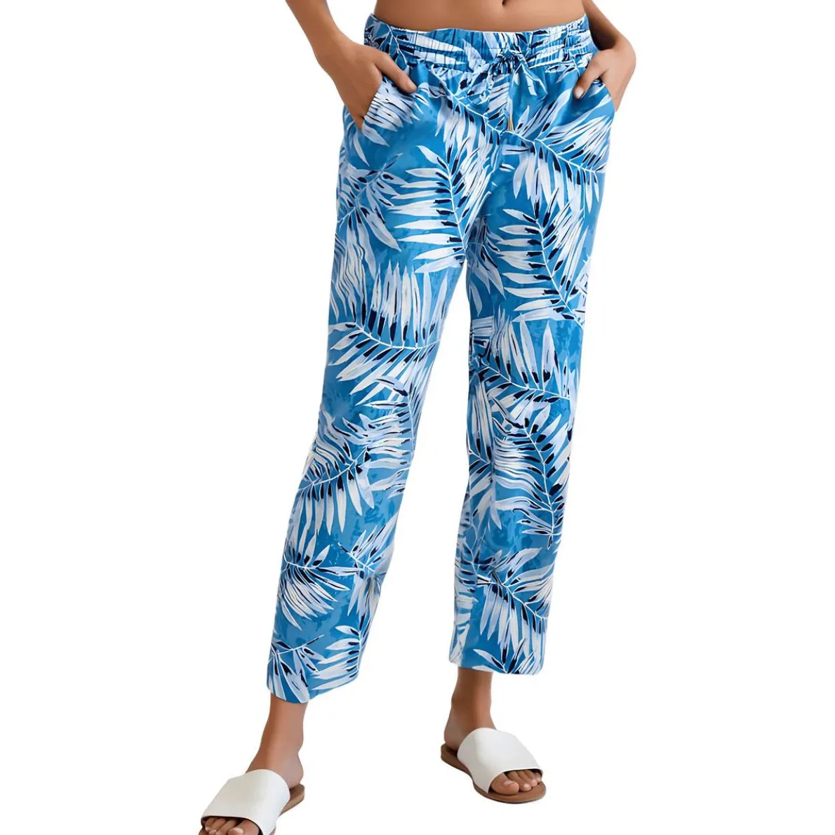 Petites Printed Linen Straight Leg Pants