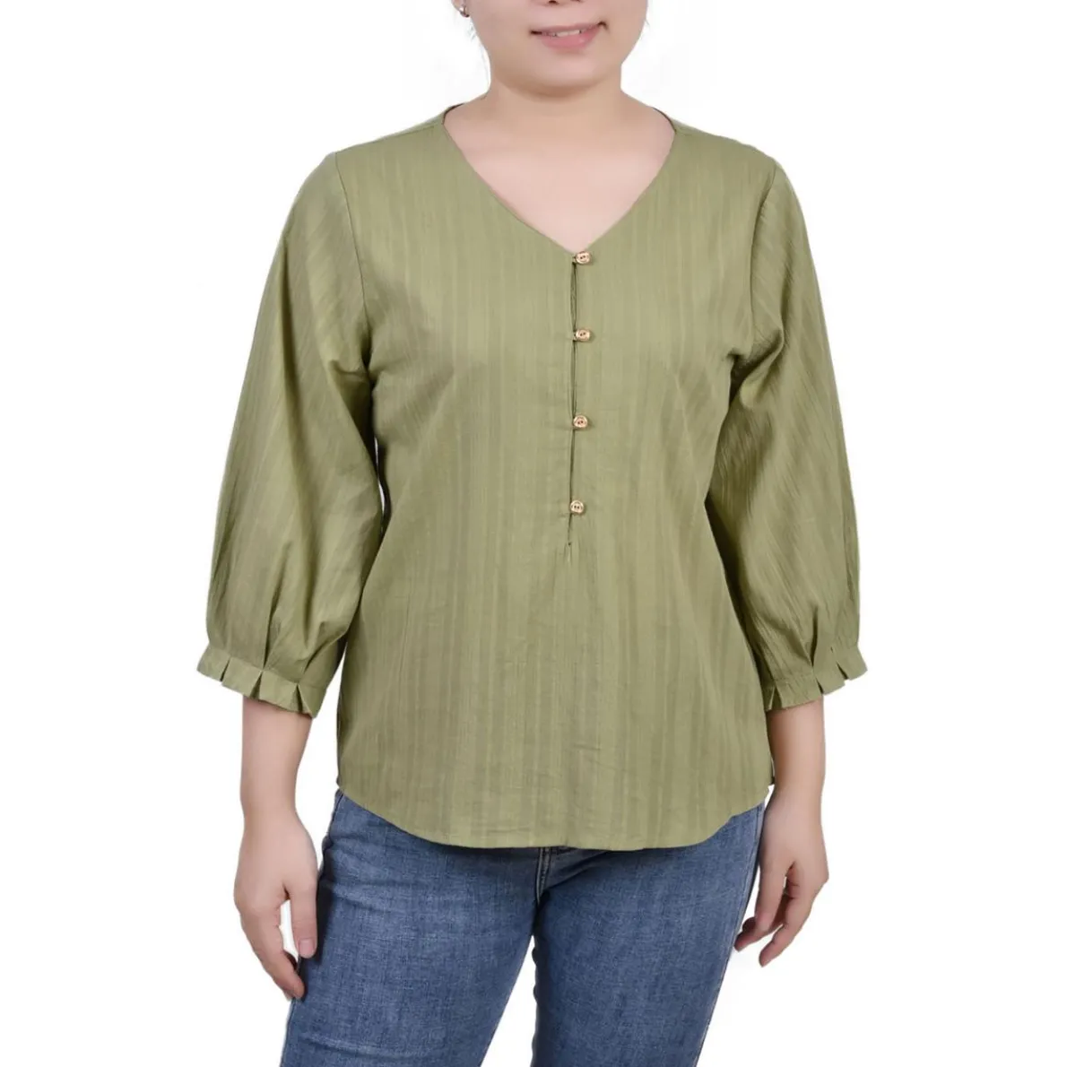 Petites Ribbed Long Sleeves Button-Down Top