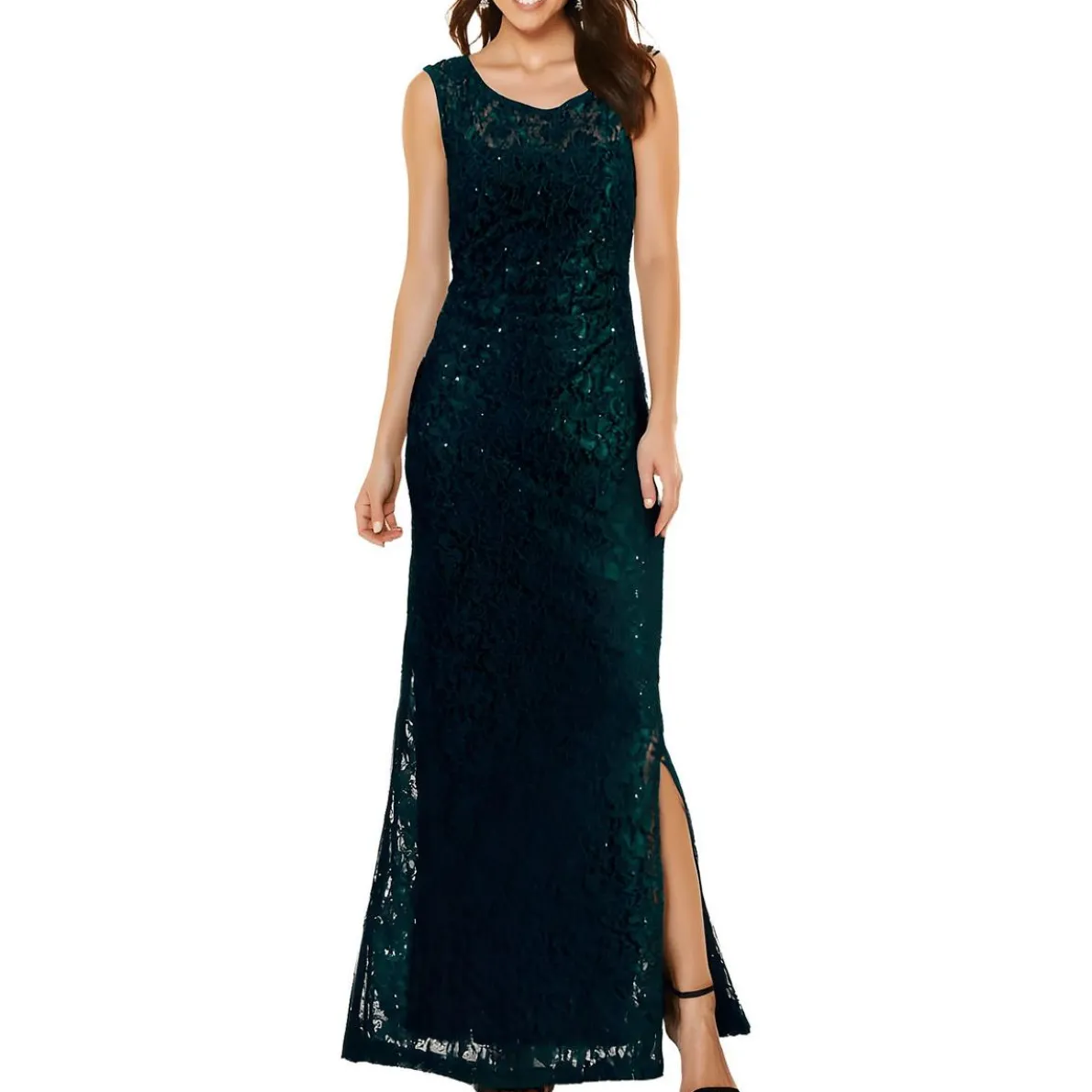 Petites Sequined Lace Evening Dress