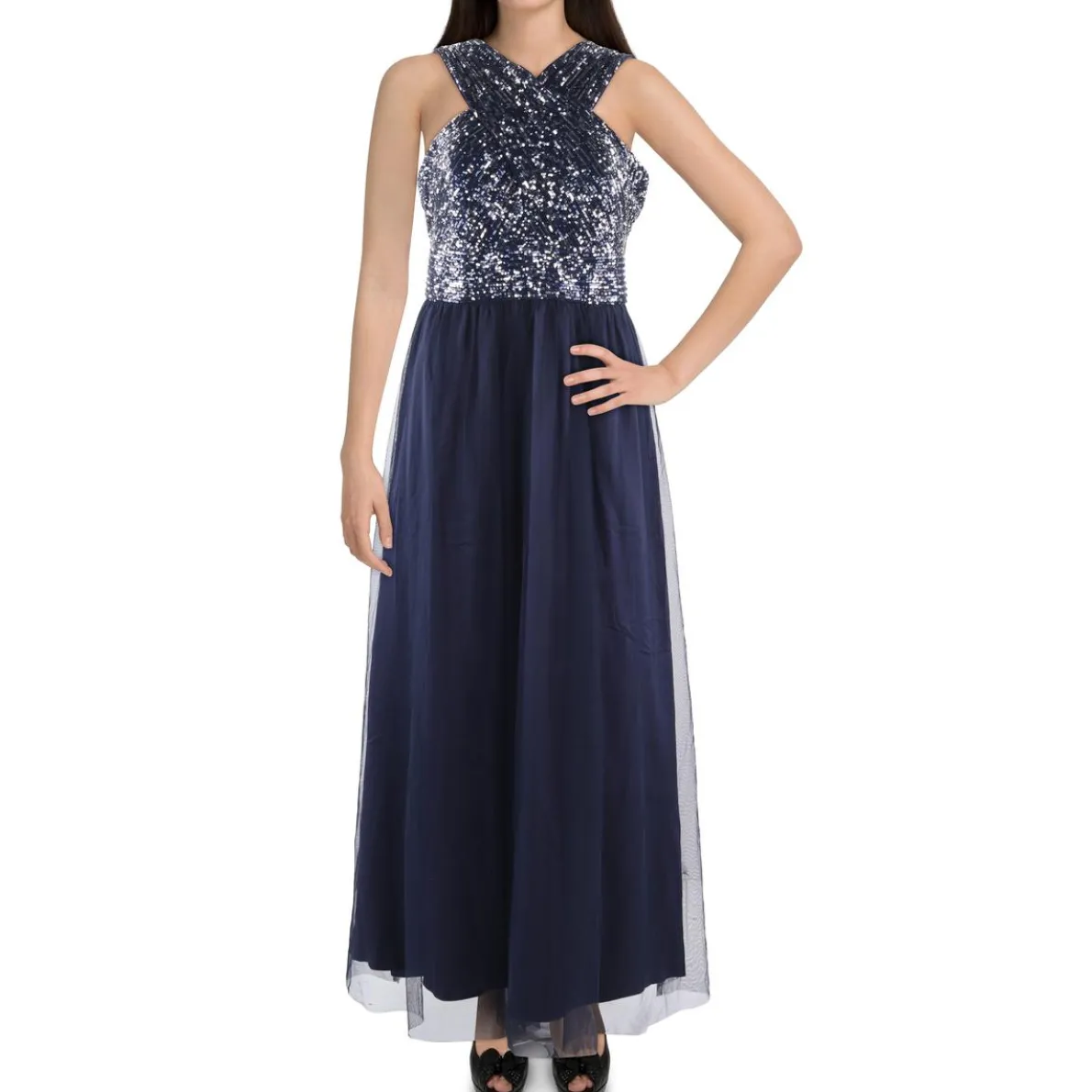 Petites Tulle Sequined Evening Dress