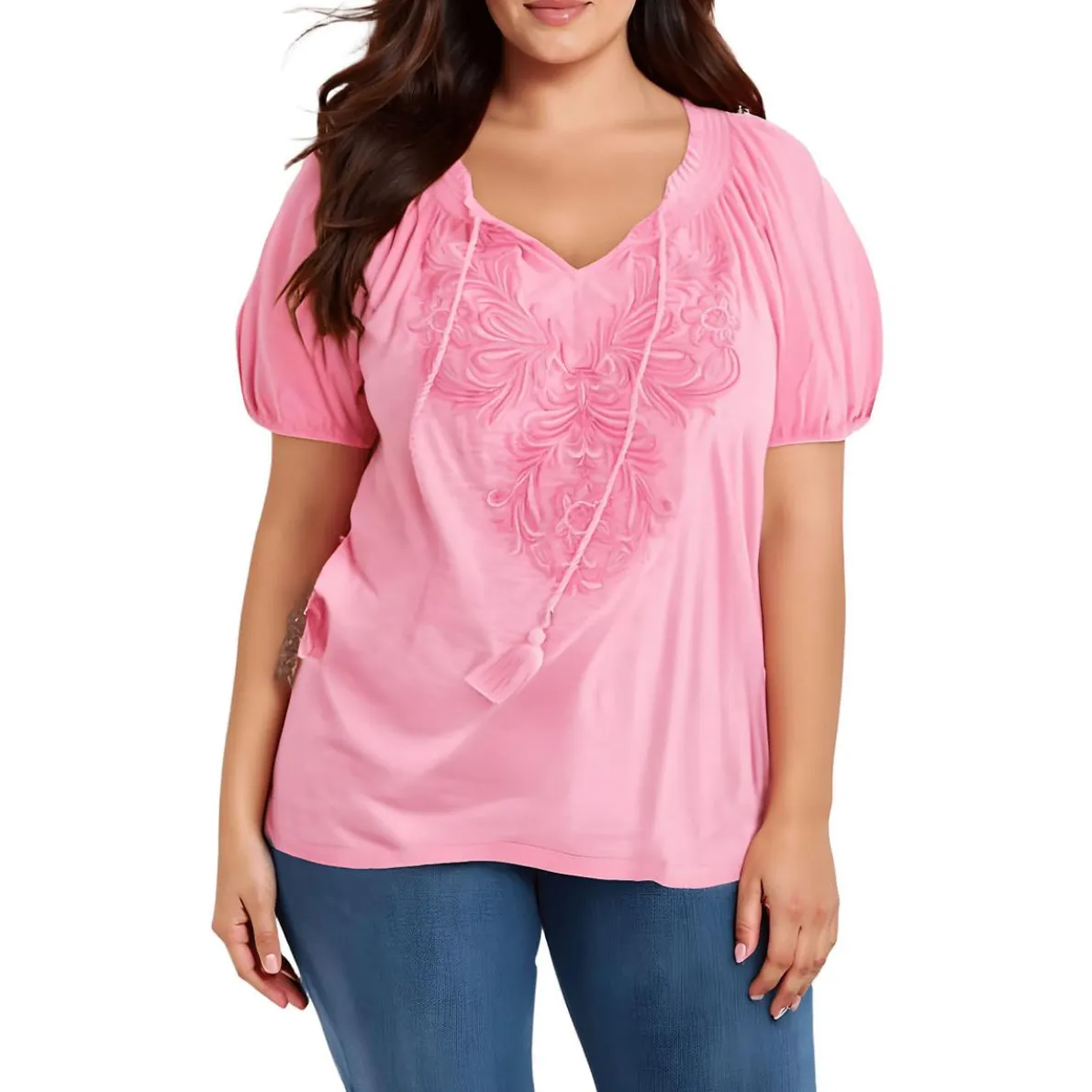 Plus Embroidered Cotton Peasant Top