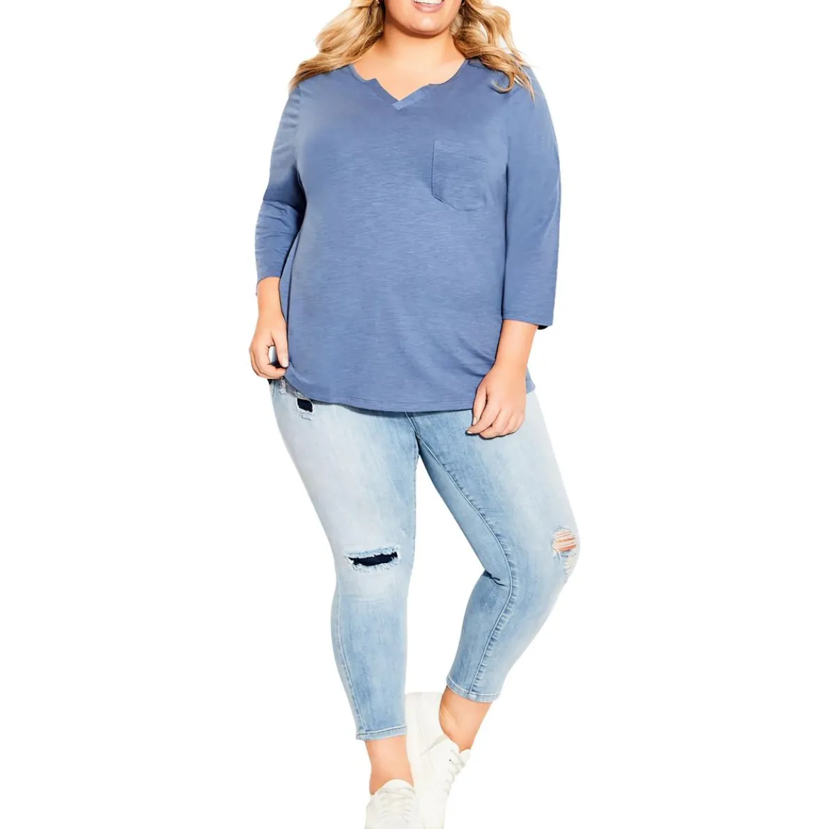 Plus Heathered Notch Neck Pullover Top