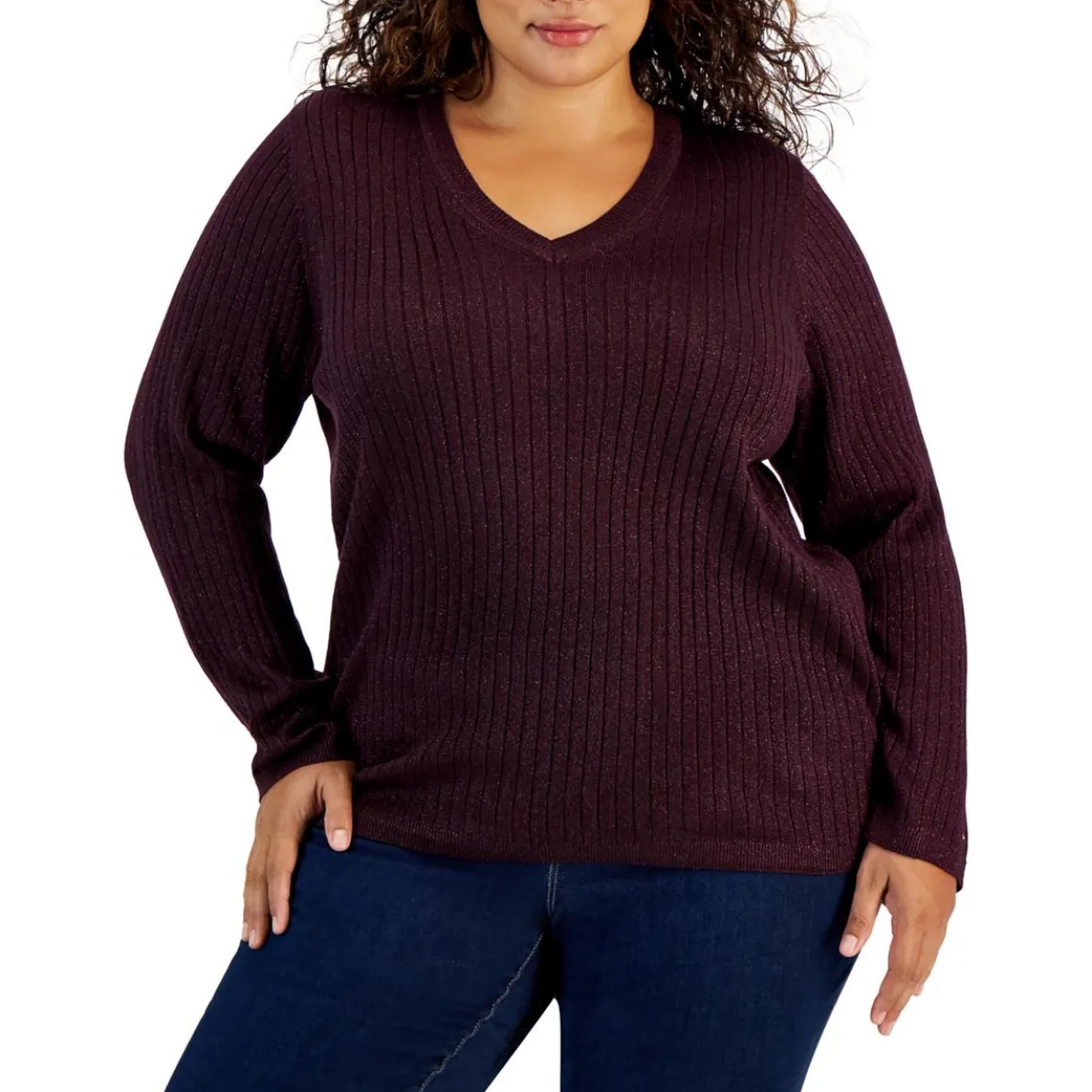 Plus Metallic V-Neck Pullover Sweater