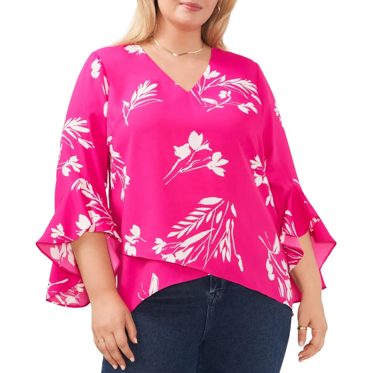 Plus Printed V-Neck Blouse
