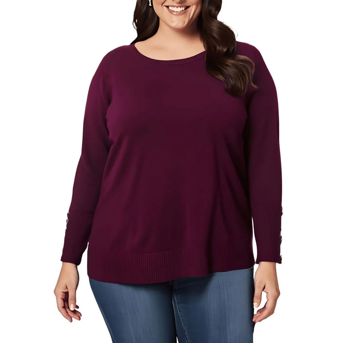 Plus Ribbed Trim Rayon Pullover Sweater