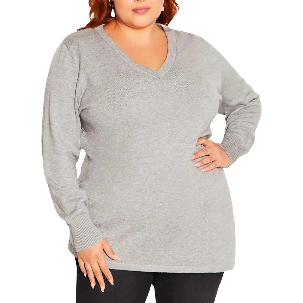Plus Ribbed Trim Stretch V-Neck Sweater