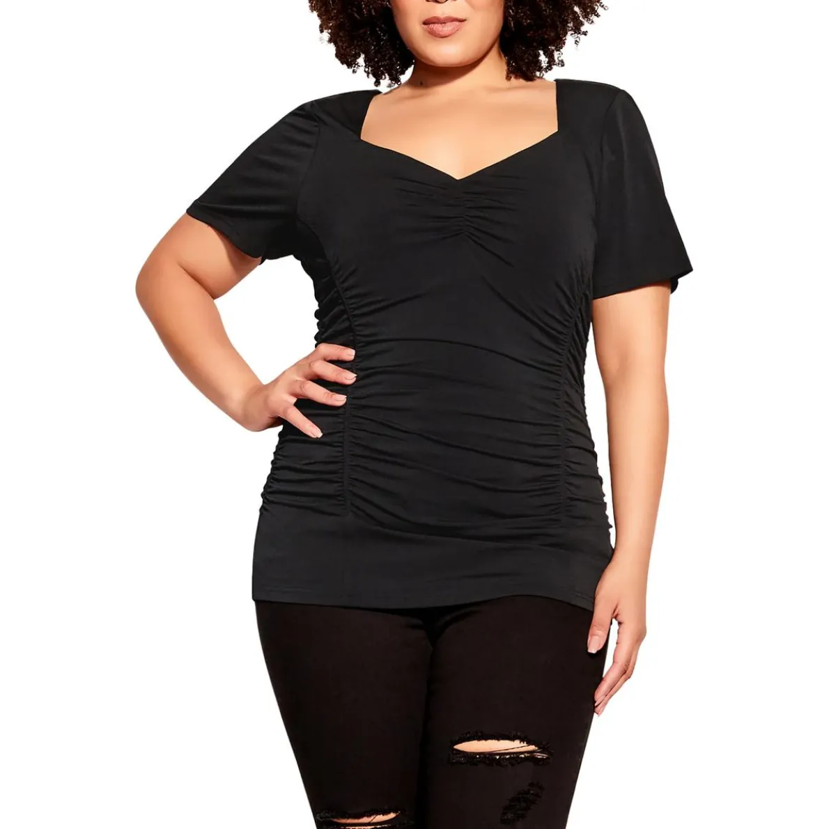 Plus Ruched Sweetheart Neck Blouse