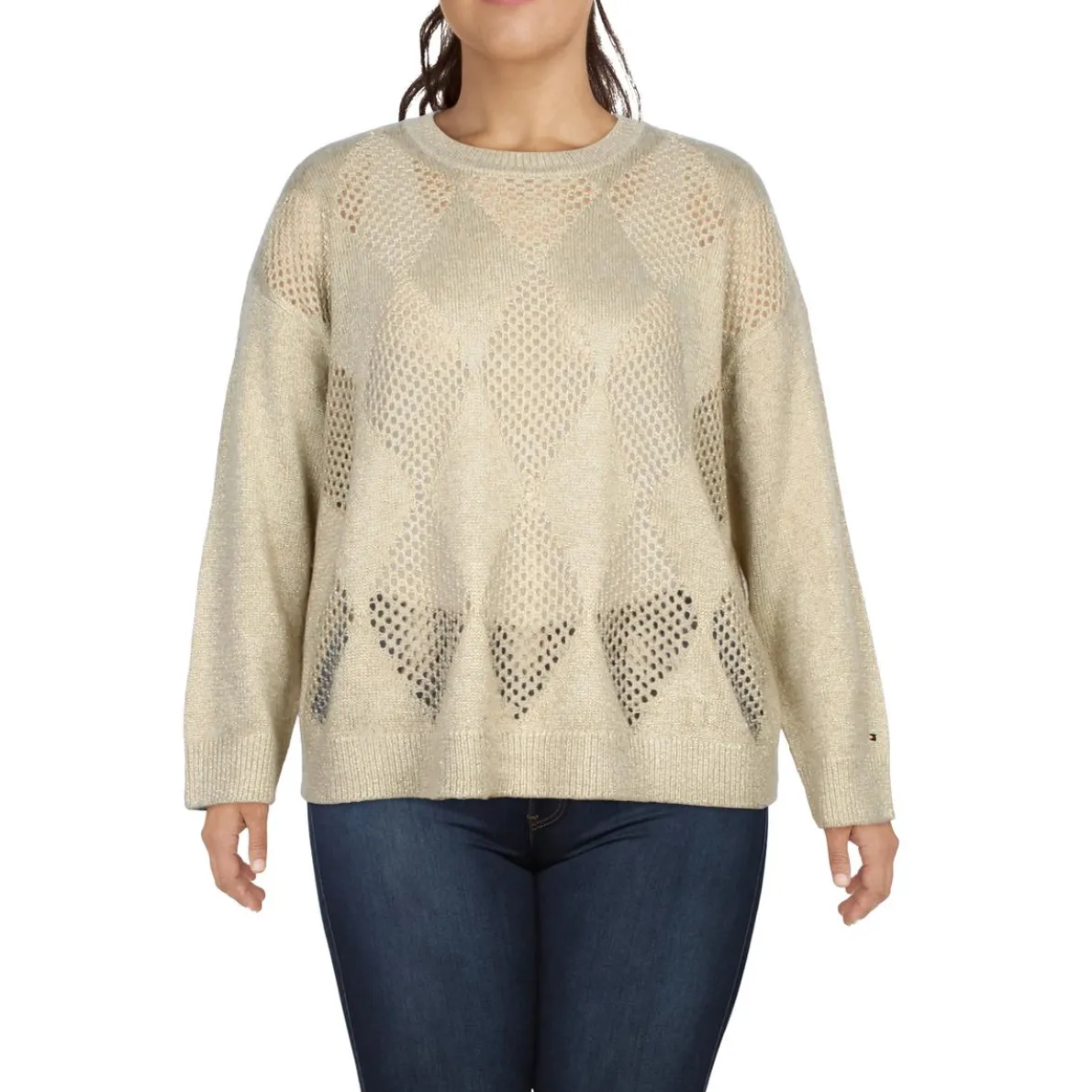 Plus Shine Open Stitch Argyle Crewneck Sweater