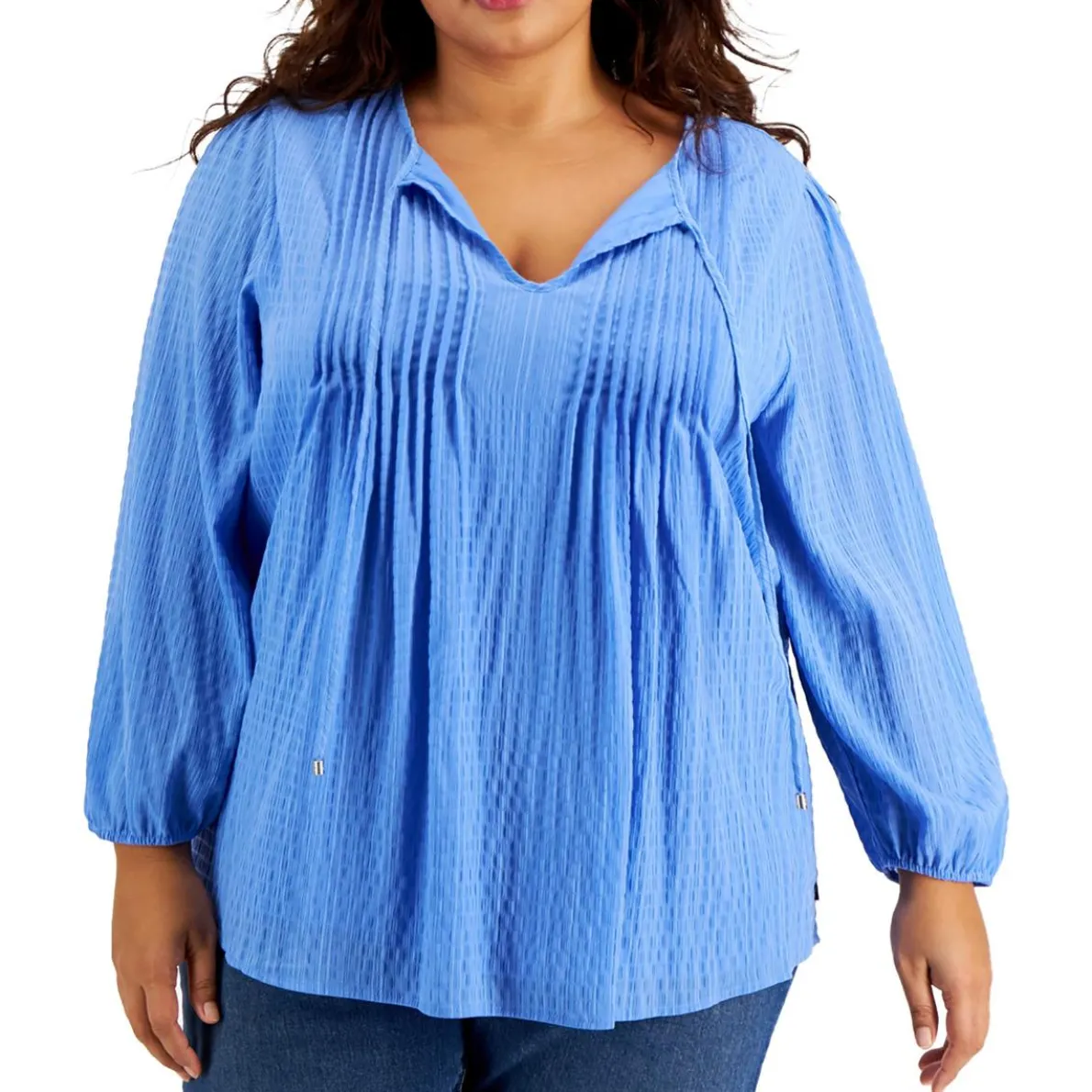 Plus Smocked V-Neck Plus Pullover Top