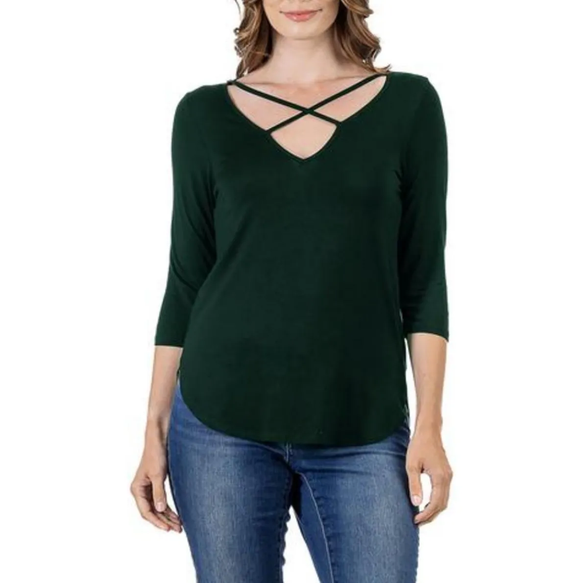 Plus V Neck Three Quarter Sleeve Pullover Top