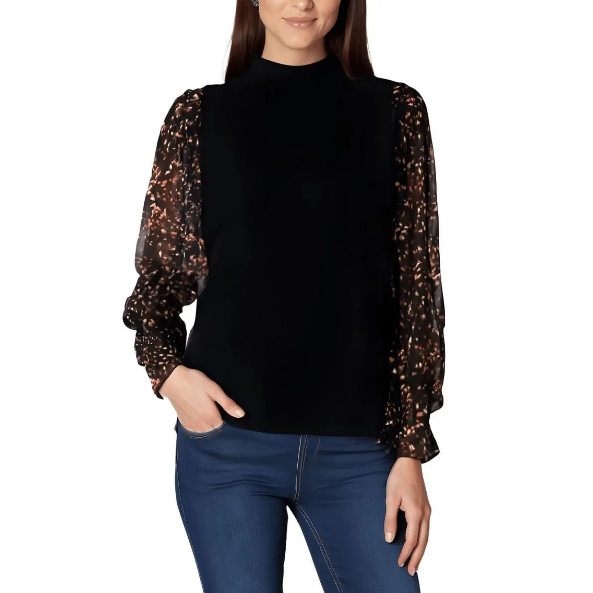 Printed Metallic Turtleneck Top