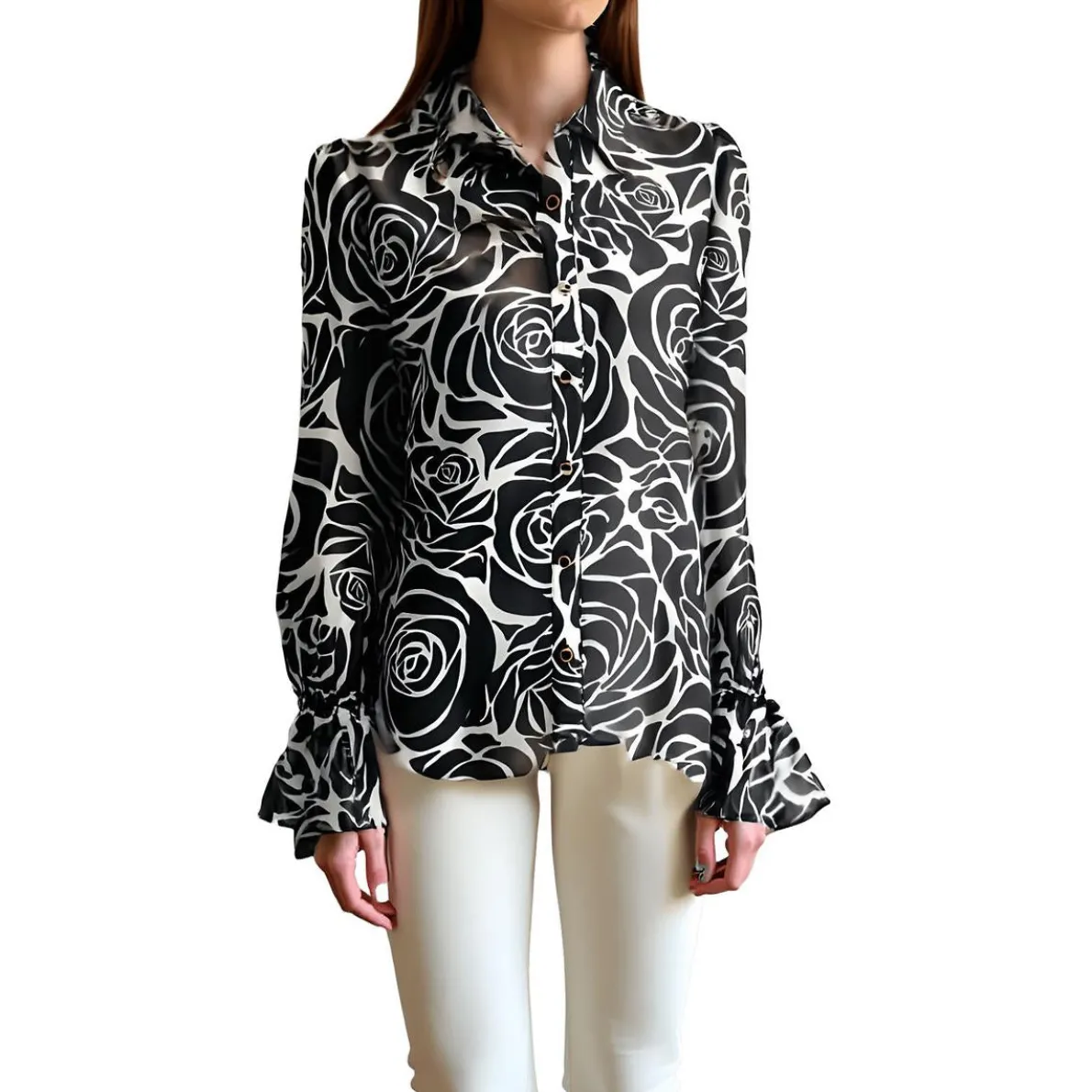 Printed Sheer Button-Down Top